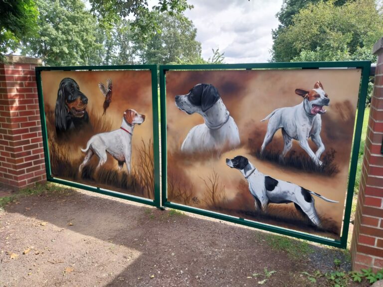 a painting of dogs on a fence